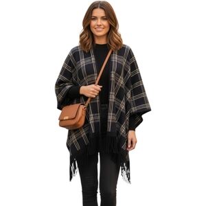 SALE Black Plaid Fringe Shawl Cape